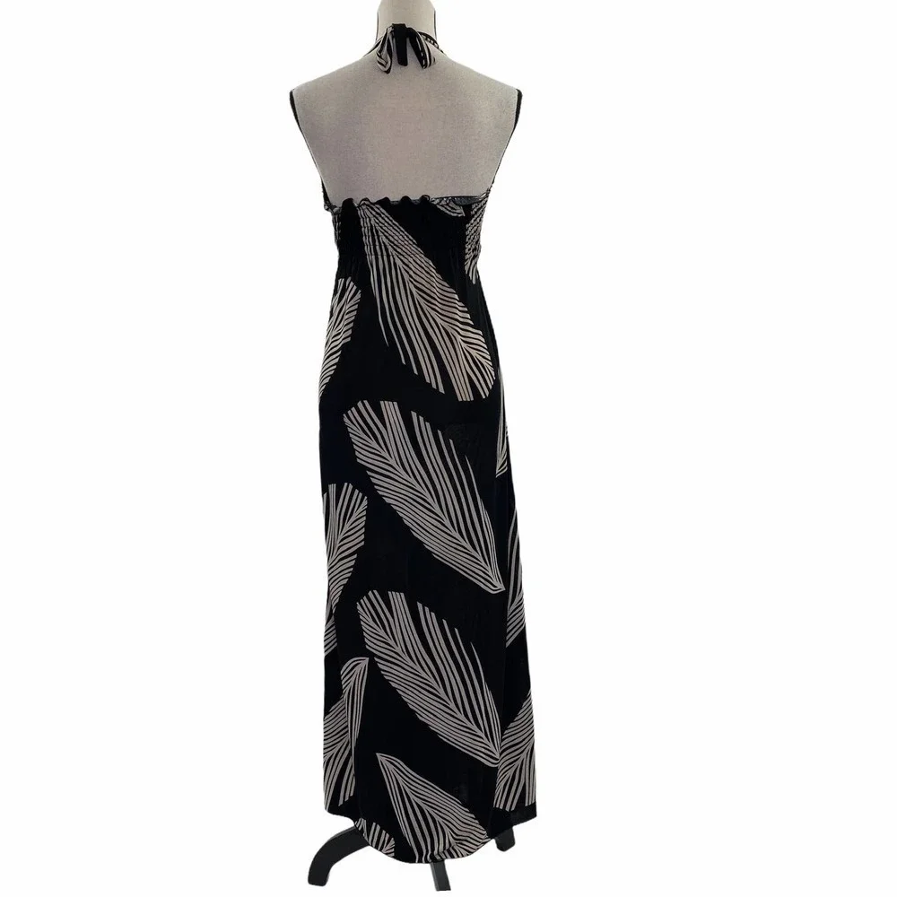 SHEN Jie Black Feather Printed Halter Maxi Dress